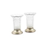 A PAIR OF SILVER MOUNTED CUT GLASS SPILL VASES, 12cm high (2)