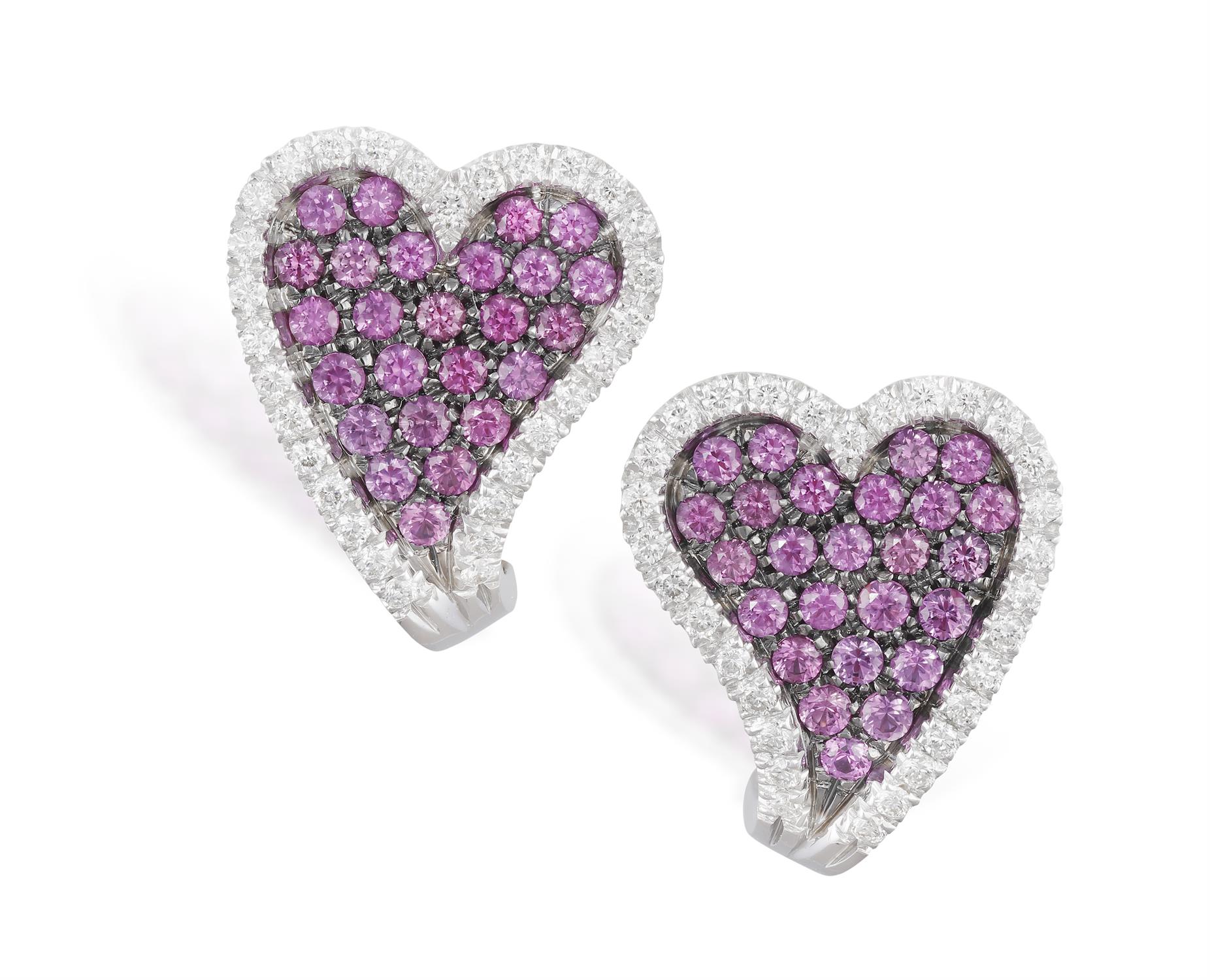 A PAIR OF PINK SAPPHIRE AND DIAMOND 'HEART' EARRINGS, composed of pavé-set circular pink sapphires