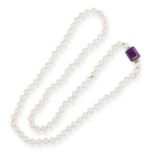 A CULTURED PEARL AND AMETHYST NECKLACE, composed of a single row of cultured pearls, finishing