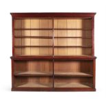 A LARGE VICTORIAN MAHOGANY OPEN BOOKCASE, 19th century, with moulded cavetto cornice above