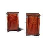 A PAIR OF 19TH CENTURY EGYPTIAN REVIVAL BESIDE CABINETS, each boxwood strung with figured mahogany