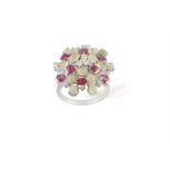 A SPINEL, CAT'S EYE CHRYSOBERYL AND DIAMOND COCKTAIL RING, composed of square-cut pink spinels and