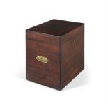AN GEORGE III MAHOGANY CELLARETTE BOX, of plain rectangular form, with inset brass handles, the