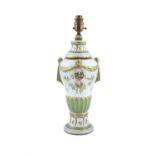 A LATE 18TH/ EARLY 19TH CENTURY PORCELAIN VASE, converted to a table lamp, with green and gilded