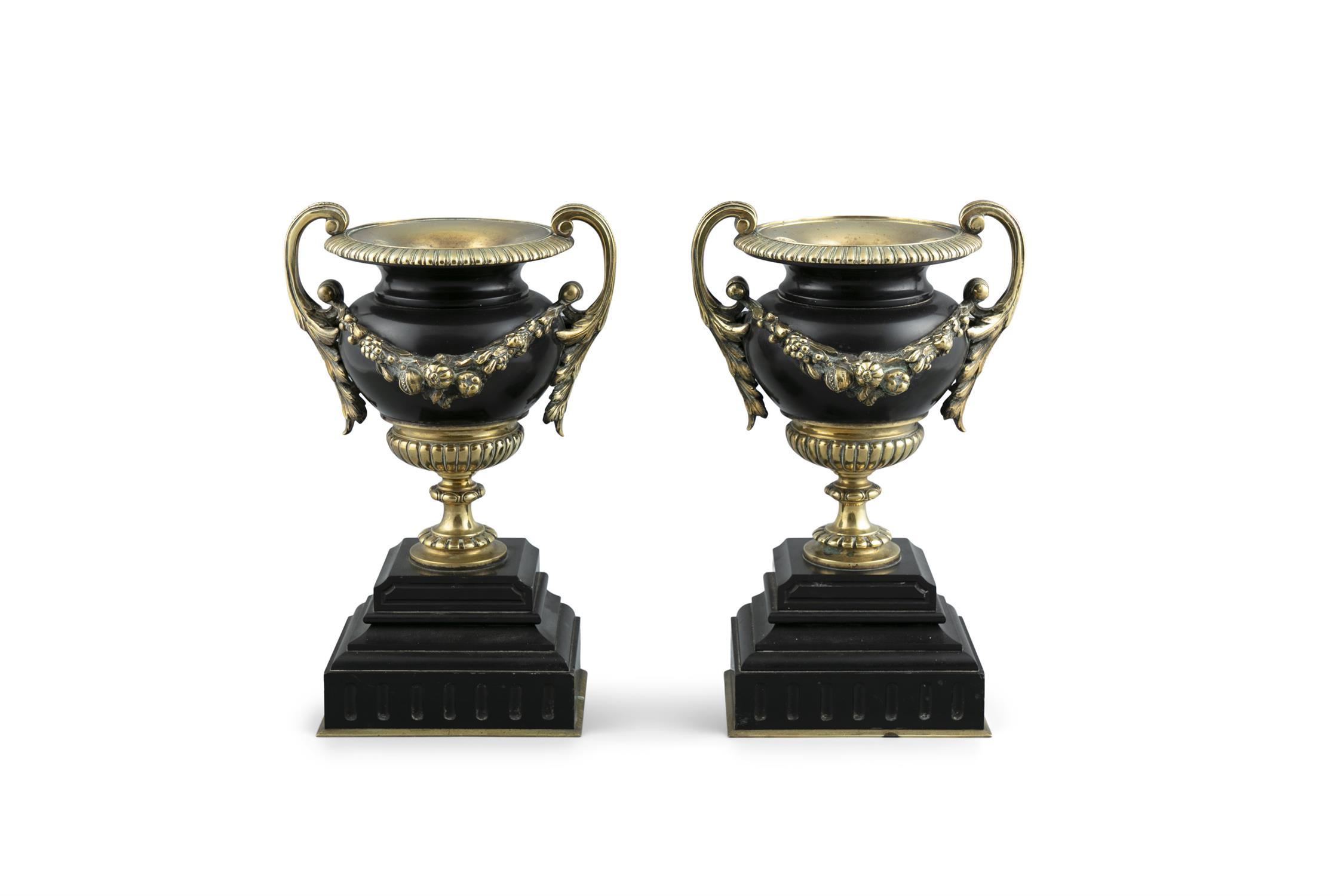 A PAIR OF FRENCH MARBLE AND GILT BRASS URNS, 19th century, of classical design, with acanthus scroll