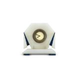 AN ART DECO WHITE MARBLE AND LAPIS-LAZULI CASED SWISS MANTEL CLOCK 13cm high; 13cm wide