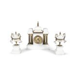 A FRENCH WHITE MARBLE THREE PIECE CLOCK GARNITURE, comprising a mantle clock and side urns, of