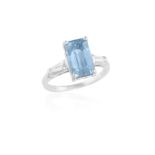 A BLUE ZIRCON AND DIAMOND RING, the rectangular-cut blue zircon weighing approximately 5.80cts