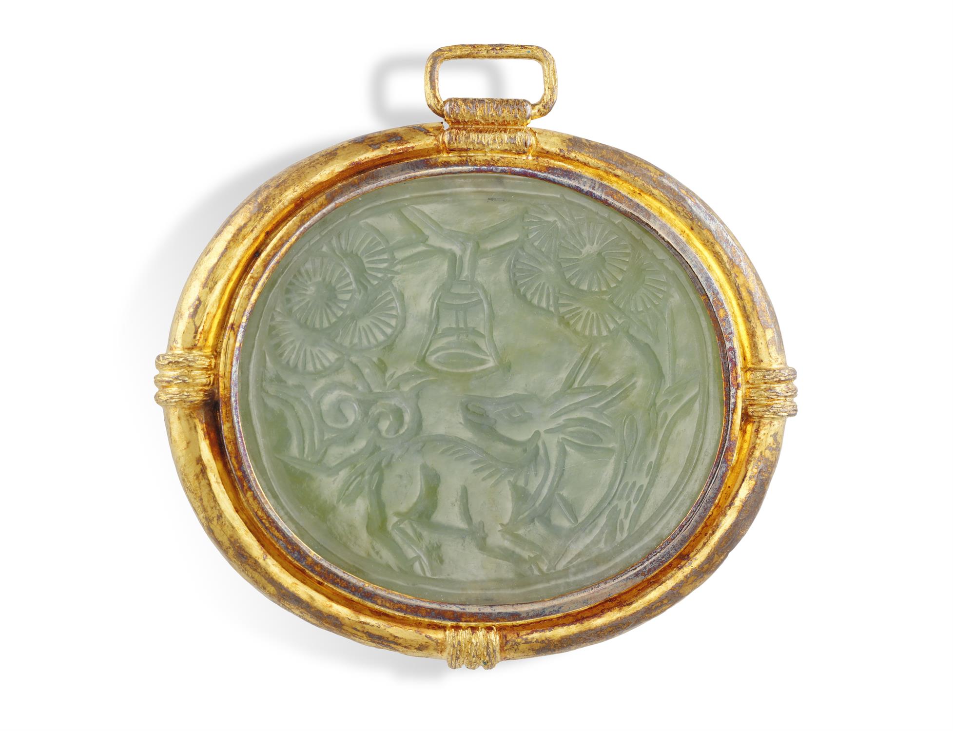 A JADEITE JADE PENDANT, composed of a large oval green jadeite jade with engravings depicting a