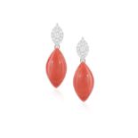 A PAIR OF CORAL AND DIAMOND PENDENT EARRINGS, each marquise-shaped plaque pavé-set with brilliant-