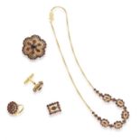 A GARNET SET, comprising of a necklace, a brooch, a pair of cufflkins and a ring, each embellished
