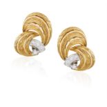 A PAIR OF DIAMOND EARCLIPS, each textured gold earclip highlighted with brilliant-cut diamond