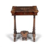 AN EARLY VICTORIAN ROSEWOOD AND BRASS INLAID WORK TABLE, of rectangular form, with outset corners,