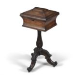 A ROSEWOOD TEAPOY, c.1840, of sarcophagus shape, the hinged cover enclosing mixing wells and