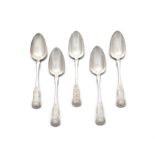 A SET OF FIVE VICTORIAN SCOTTISH SILVER KINGS PATTERN TABLE SPOONS, Glasgow c.1839, mark of David