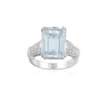 AN AQUAMARINE AND DIAMOND RING, the central rectangular-cut aquamarine weighing approximately 5.