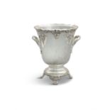 A LARGE SILVER PLATED TWO HANDLE WINE COOLER, of circular form with flared rim cast with fruiting