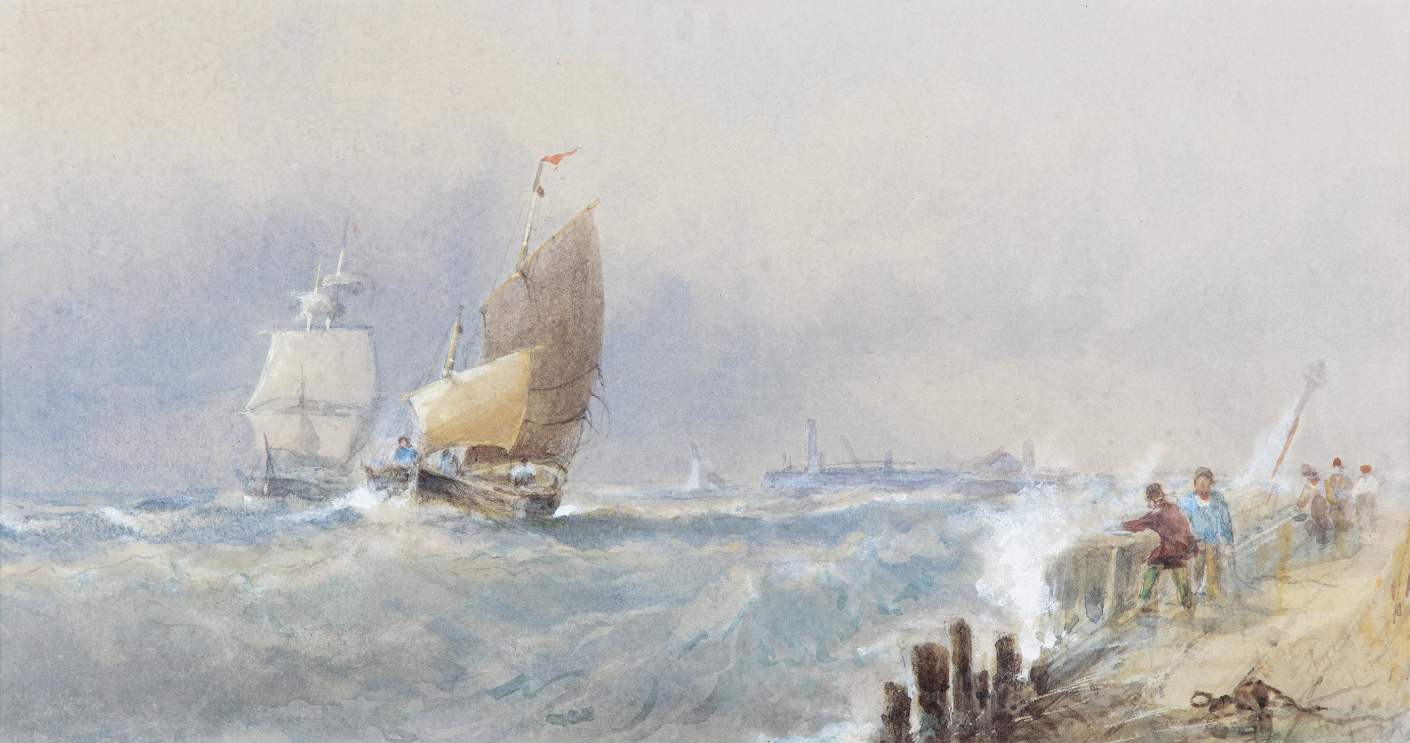 Edwin Hayes R.I RHA (1819 - 1904) Shipping in rough seas off a pier Watercolour, 15 x 28cm (6 x