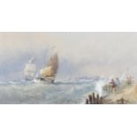 Edwin Hayes R.I RHA (1819 - 1904) Shipping in rough seas off a pier Watercolour, 15 x 28cm (6 x