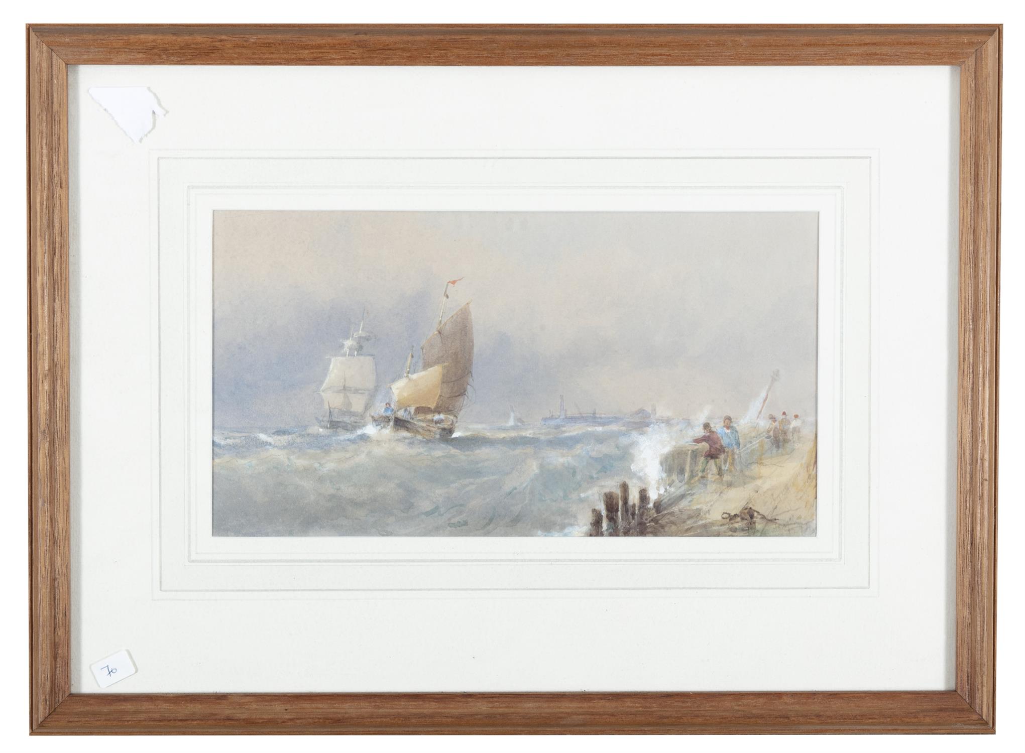 Edwin Hayes R.I RHA (1819 - 1904) Shipping in rough seas off a pier Watercolour, 15 x 28cm (6 x - Image 2 of 3