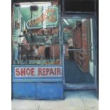Hector McDonnell RUA (b.1947) Shoe Repairs Oil on canvas, 76 x 61cm (30 x 24'') Signed and dated