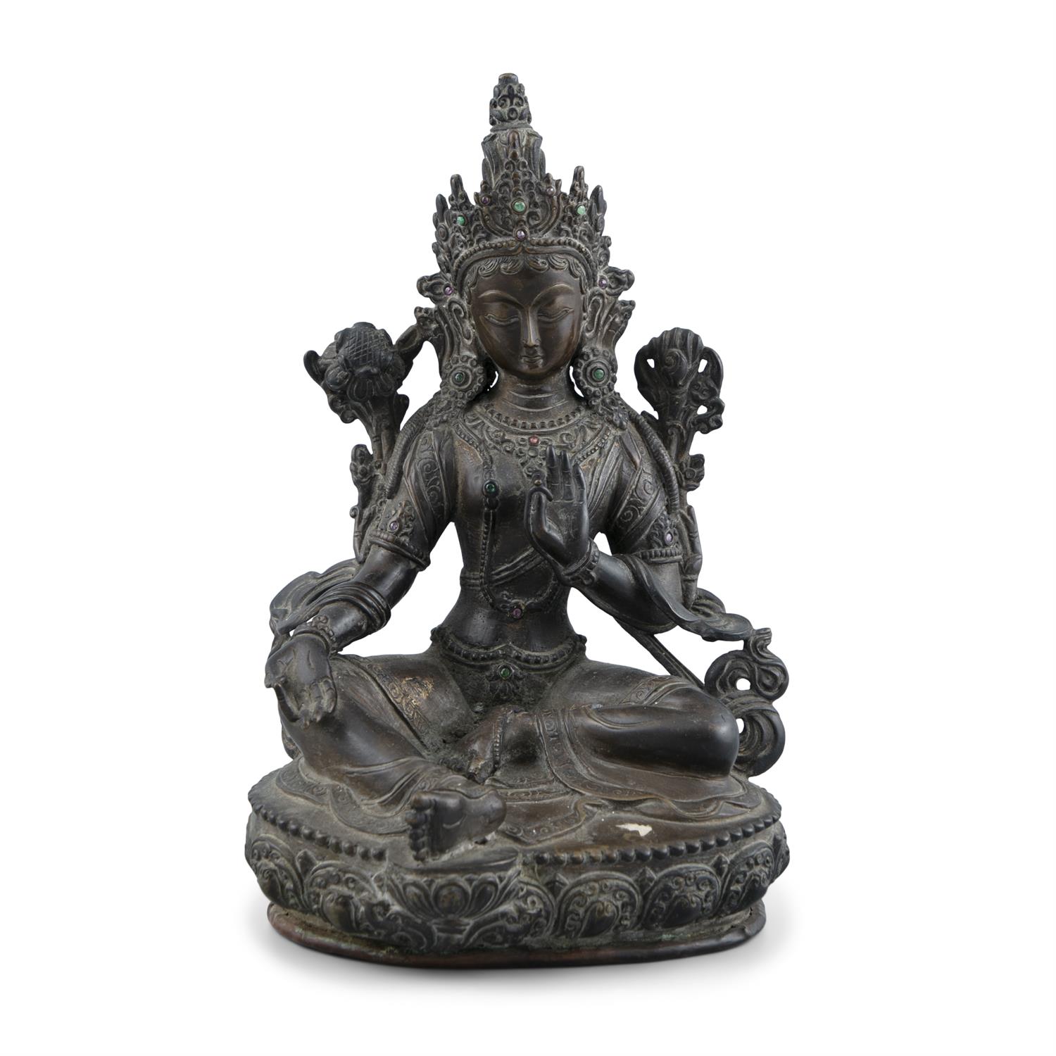 A CHINESE BRONZE FIGURE OF A SEATED GUANYIN, Qing Dynasty, in meditative pose, with raised left