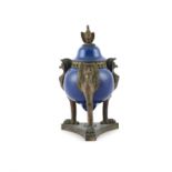 A POWDER BLUE AND ORMOLU MOUNTED GLOBULAR POT-POURRI VASE AND COVER, the detachable top surmounted