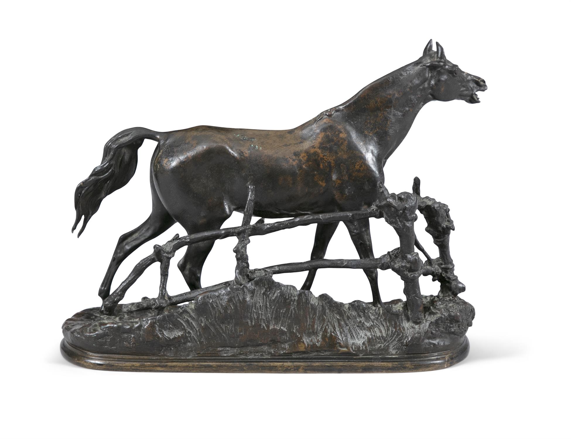 AFTER P.J MENE (19TH CENTURY) Horse striding by fence Bronze, 19cm high; 23cm wide