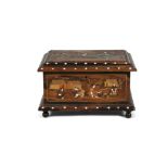 AN ITALIAN OLIVEWOOD AND MARQUETRY INLAID CASKET, of rectangular form with moulded top inset with