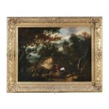 JOHN BUTTS (c.1728 - 1764) A Mountainous Wooded Landscape with figures gathering wood Oil on