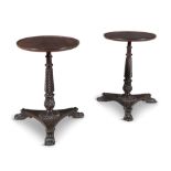 A PAIR OF IRISH MAHOGANY TRAY TOP WINE TABLES, early 19th century, each with circular top above a