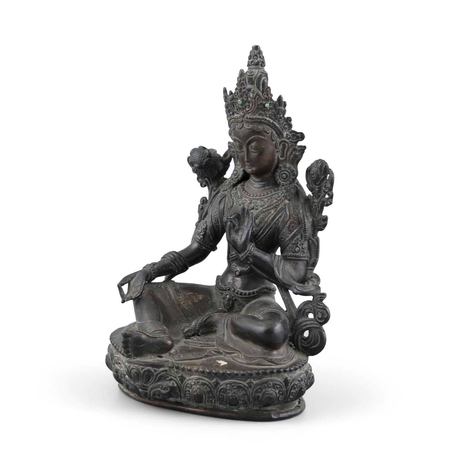 A CHINESE BRONZE FIGURE OF A SEATED GUANYIN, Qing Dynasty, in meditative pose, with raised left - Image 2 of 4