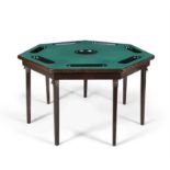 AN ENGLISH BEECHWOOD AND FELTLINED HEPTAGONAL 'VONO' POKER TABLE, with collapsible squared tapering