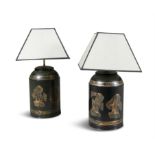 A PAIR OF 19TH CENTURY TOLEWARE TABLE LAMPS, converted from tea canisters, each of cylindrical form