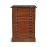 A 19TH CENTURY MAHOGANY AND PINE TEN DRAWER COLLECTOR'S CHEST, of rectangular form with plain