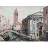 FERGUS O'RYAN RHA (1911-1989) Canal-Side Church and Towers, Venice Oil on board, 37.8 x 50.