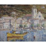 FERGUS O'RYAN RHA (1911-1989) A Spanish Harbour and Town Oil on board, 55 x 68.3cm Mounted
