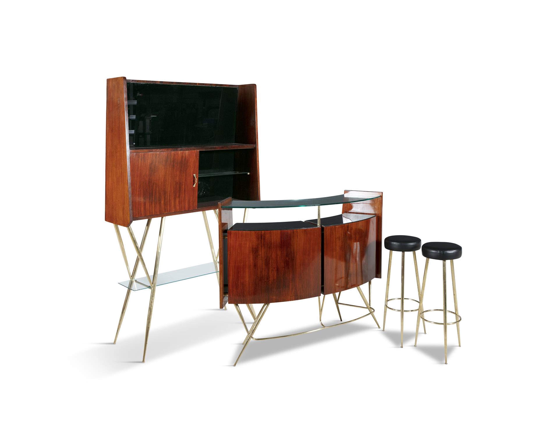 BAR SET A rosewood and brass bar set, complete with two stools and a curved glass top, Italy c. - Image 6 of 14