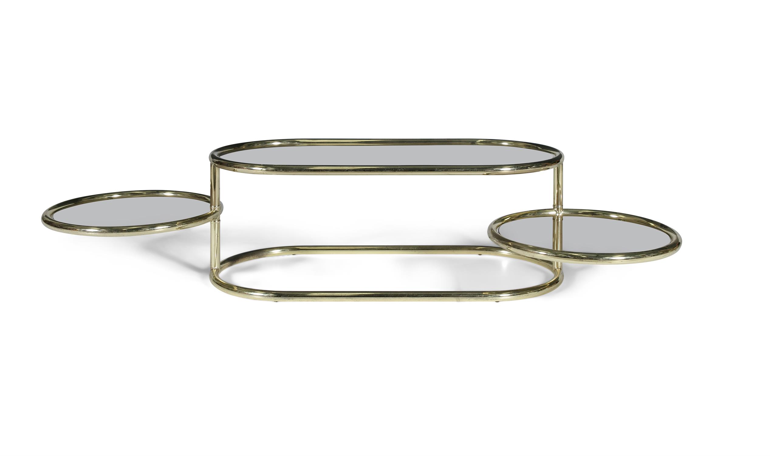 COFFEE TABLE A two tier brass coffee table, with smoked glass tops, the lower circular tops with - Image 4 of 4
