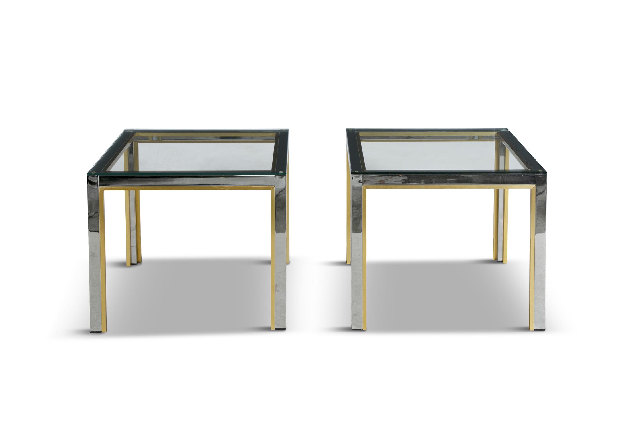 TABLES A pair of chrome and brass tables, attributed to Renato Zevi for Romeo Rega, with glass tops.
