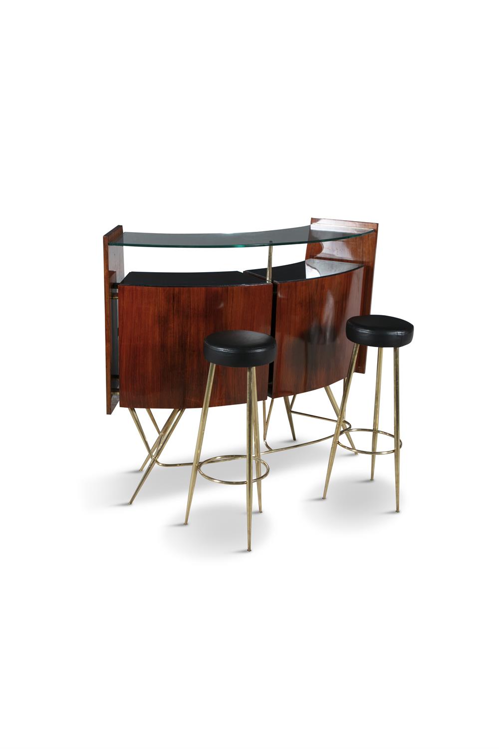 BAR SET A rosewood and brass bar set, complete with two stools and a curved glass top, Italy c. - Image 8 of 14