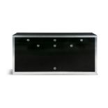 SIDEBOARD A black lacquered sideboard with chrome detailing, in the style of Mario Sabot, Ital