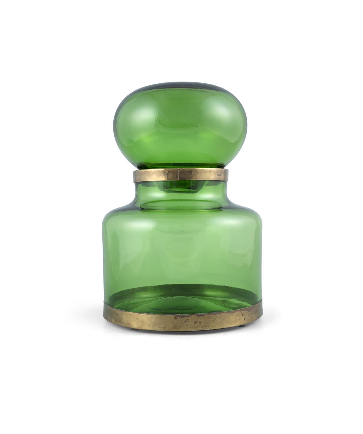 GLASS JAR A green glass jar with lid and brass detailing, Italy c.1960. 34 x 24 x 24cm