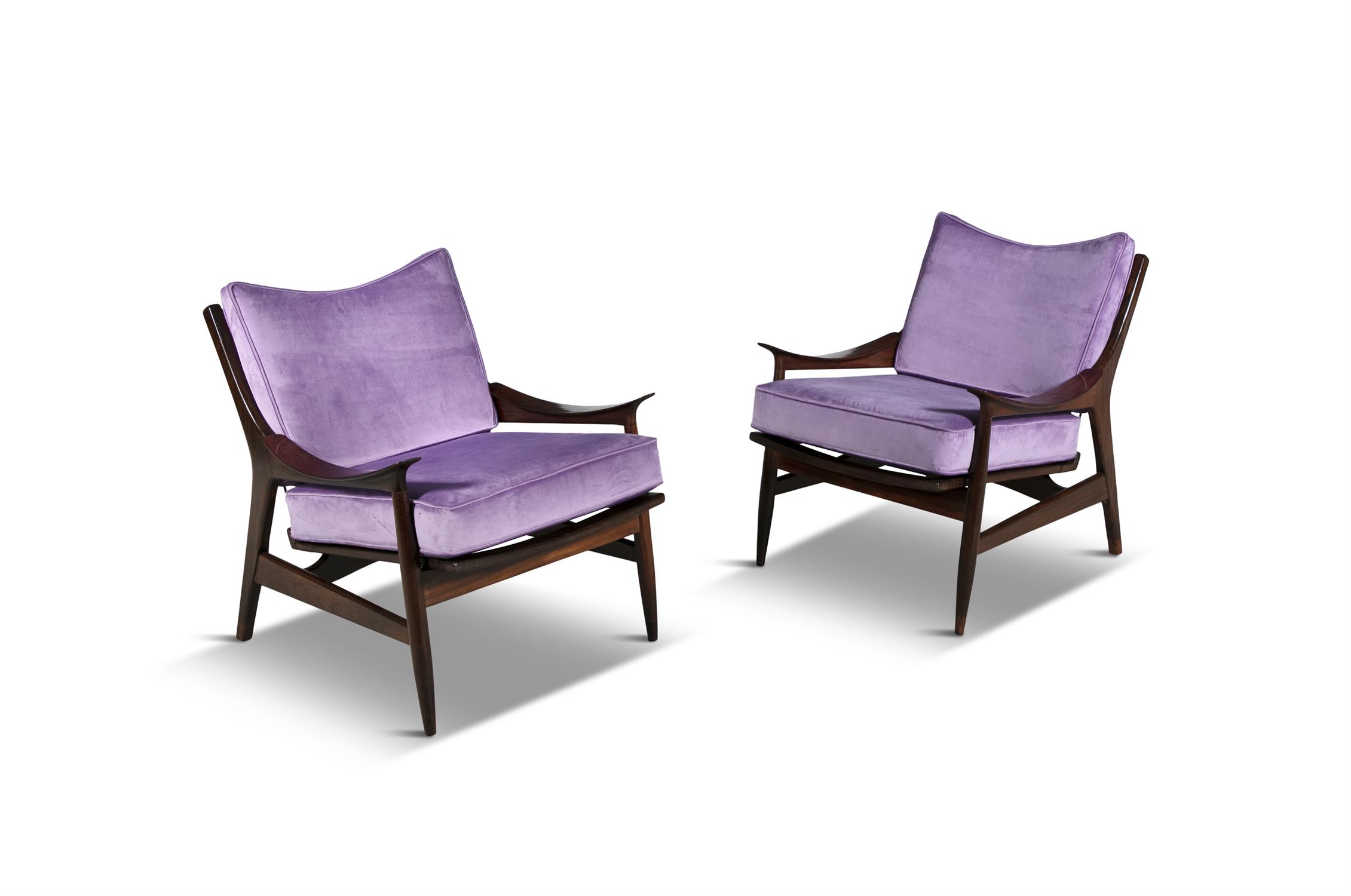 ARMCHAIRS A pair of rosewood armchairs, with loose purple velour seat and back, Italy c.1950.