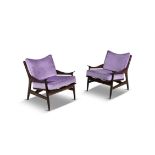 ARMCHAIRS A pair of rosewood armchairs, with loose purple velour seat and back, Italy c.1950.