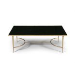 COFFEE TABLE A black glass topped coffee table on a gold plated metal base. 42 x 121 x 64cm