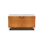 DAGHIA A burr walnut sideboard by Daghia, with a marble top, mirror interior with two glass shelves