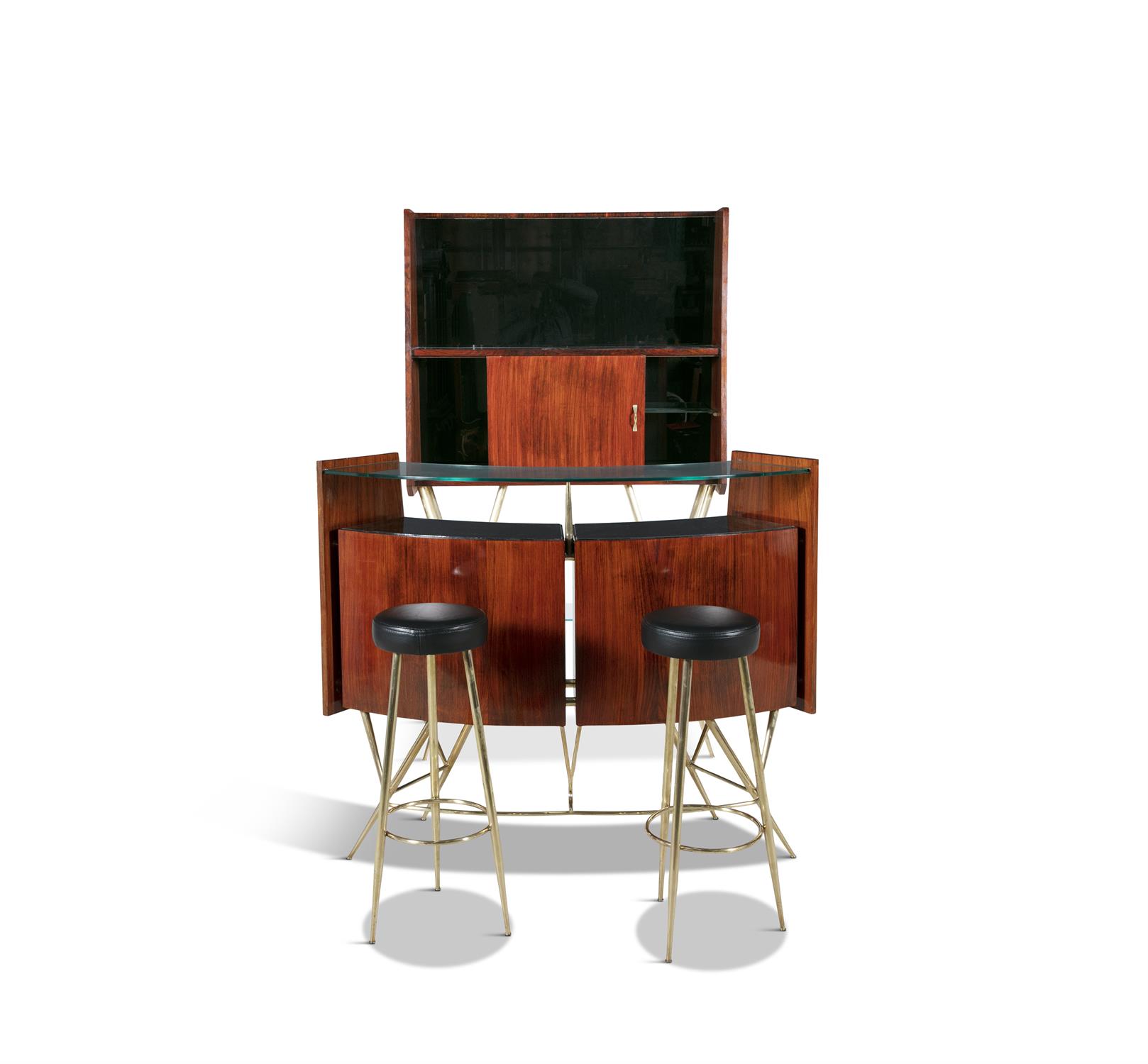 BAR SET A rosewood and brass bar set, complete with two stools and a curved glass top, Italy c. - Image 7 of 14