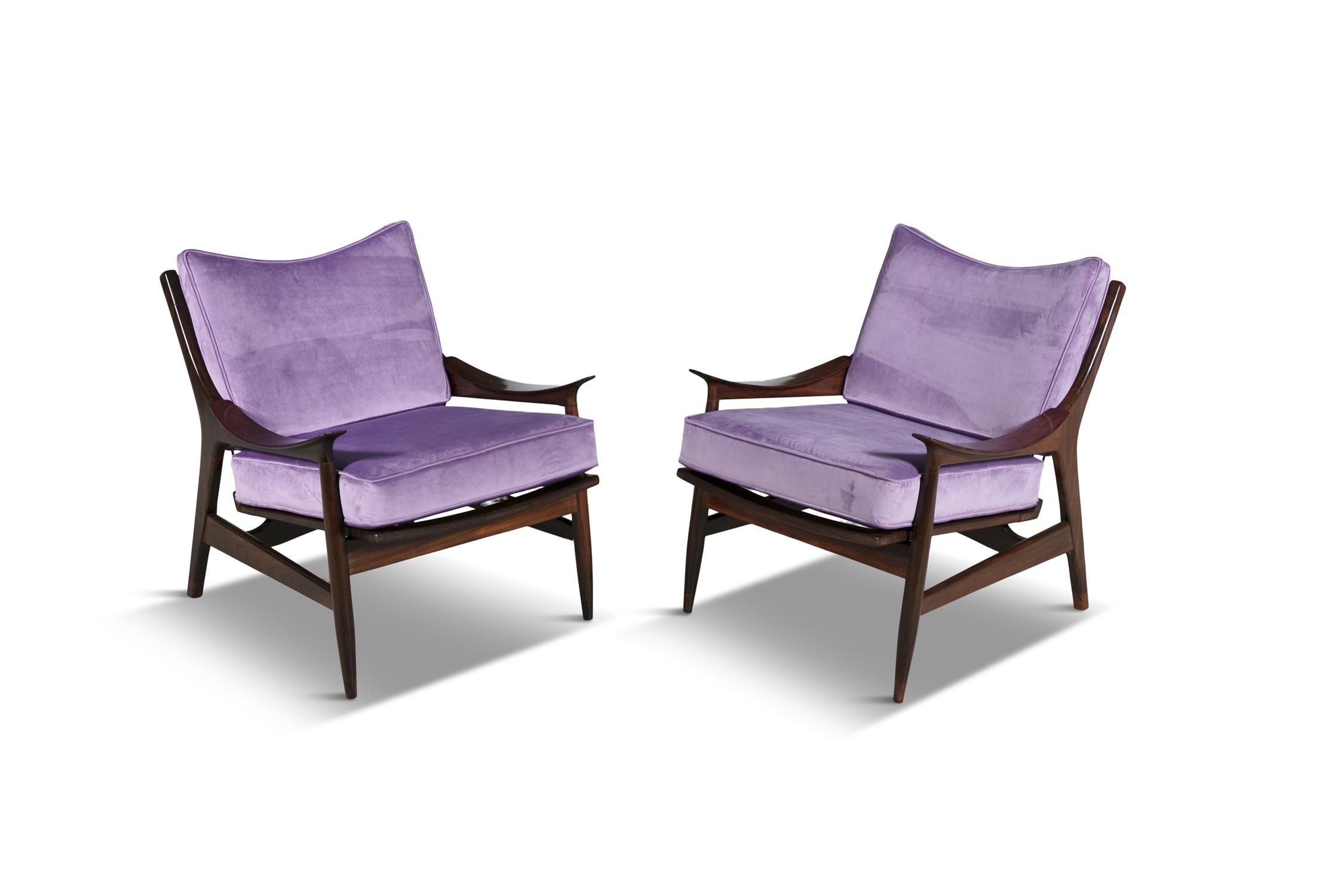 ARMCHAIRS A pair of rosewood armchairs, with loose purple velour seat and back, Italy c.1950. - Image 4 of 6