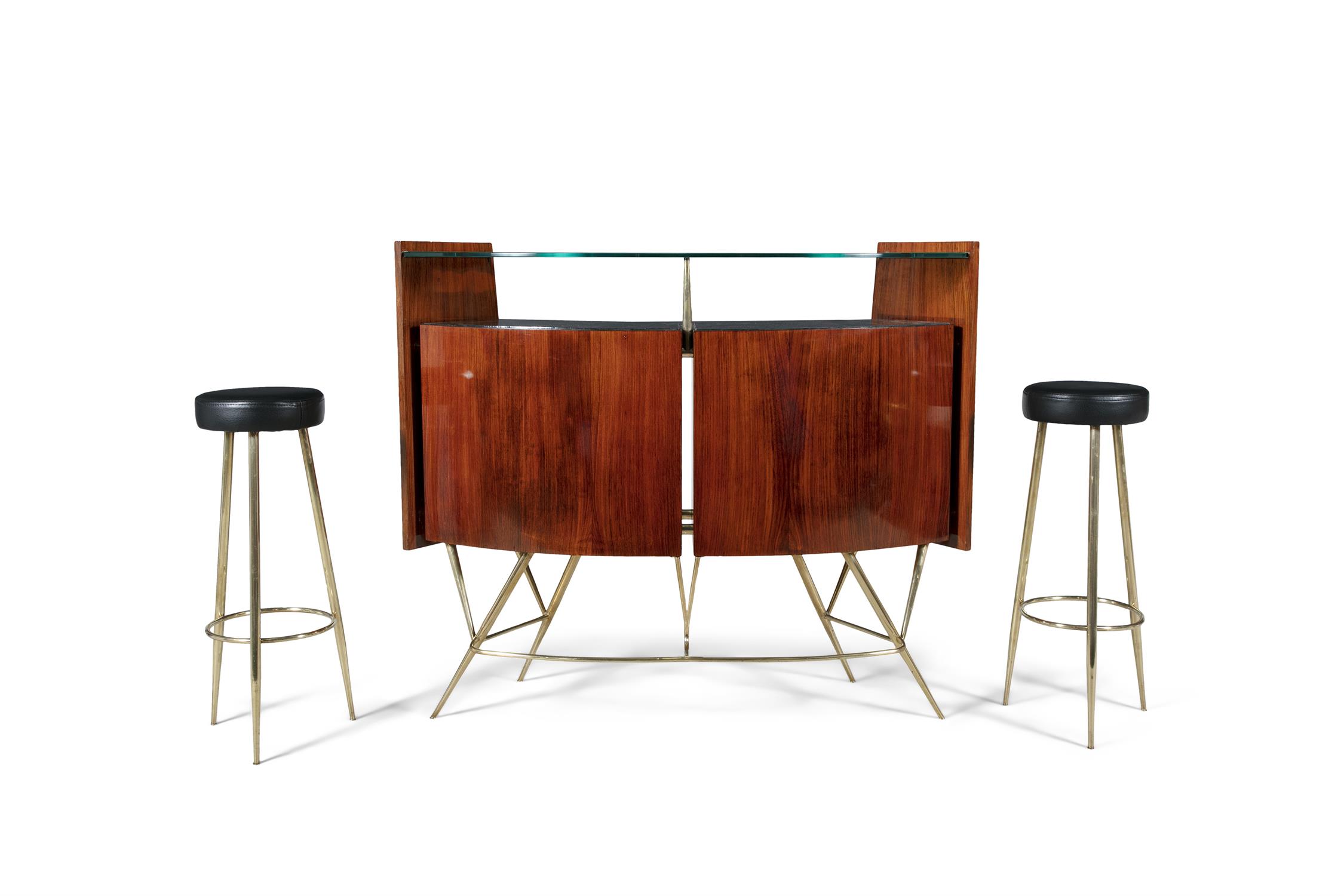 BAR SET A rosewood and brass bar set, complete with two stools and a curved glass top, Italy c. - Image 2 of 14